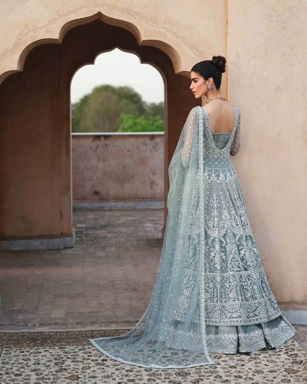 Pakistani Mint Blue Embroidered Net Pishwas Dress (3-Piece) - Image 6