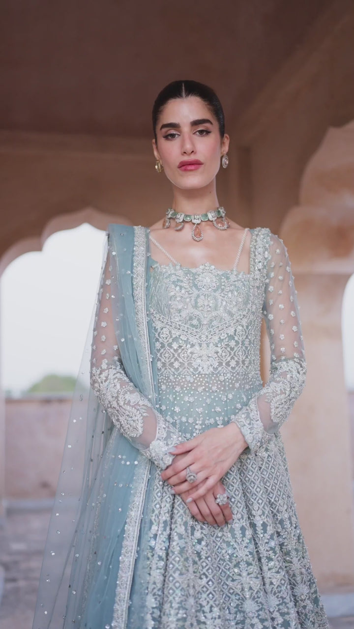 Pakistani Mint Blue Embroidered Net Pishwas Dress (3-Piece) - Image 7