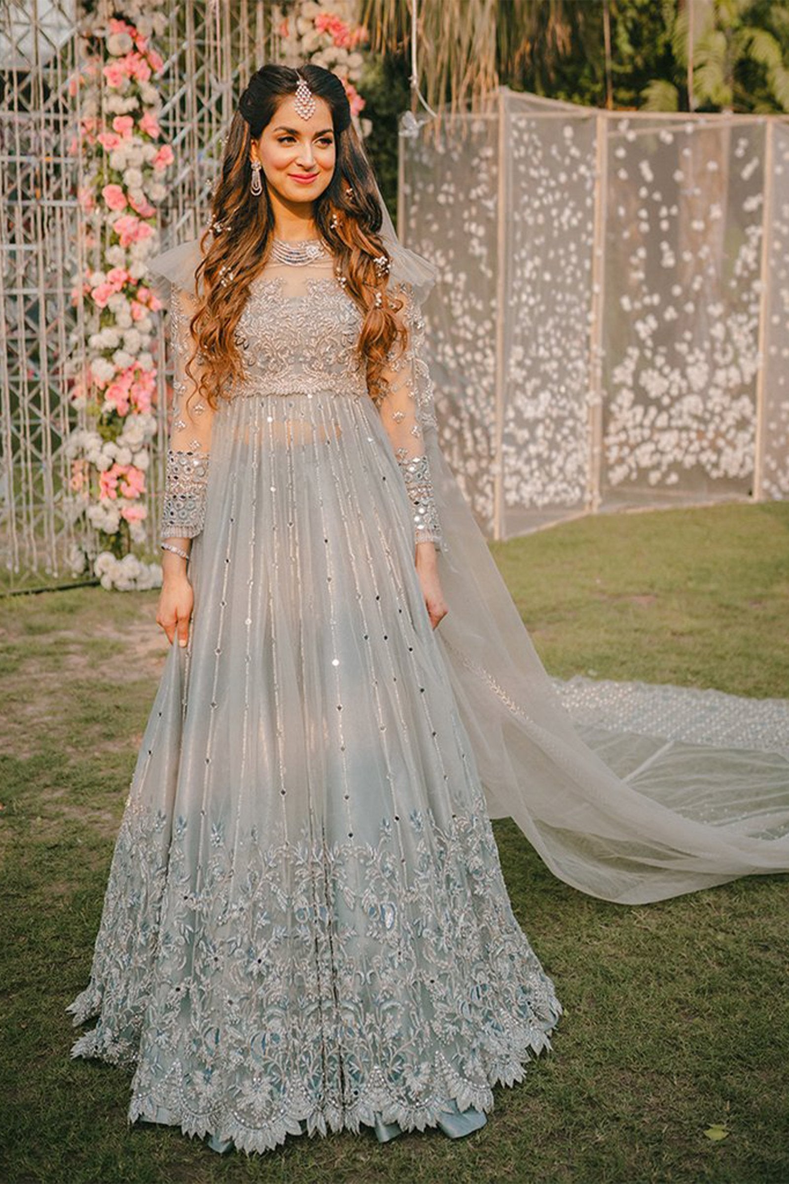Ice Blue Embellished Net Pishwas Dress (3-Piece) - Image 1