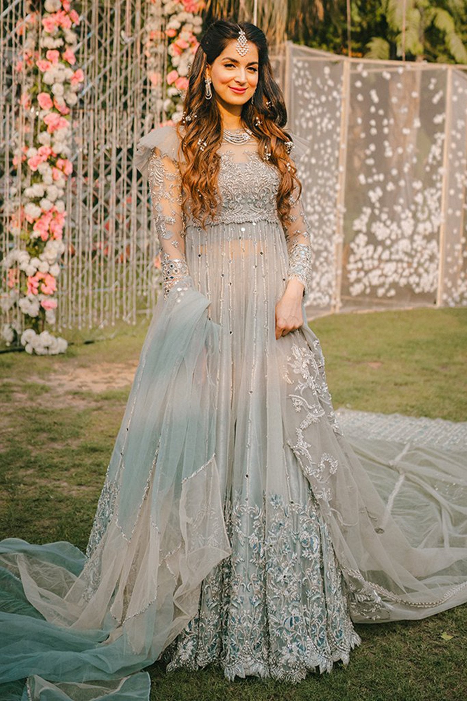 Ice Blue Embellished Net Pishwas Dress (3-Piece) - Image 3