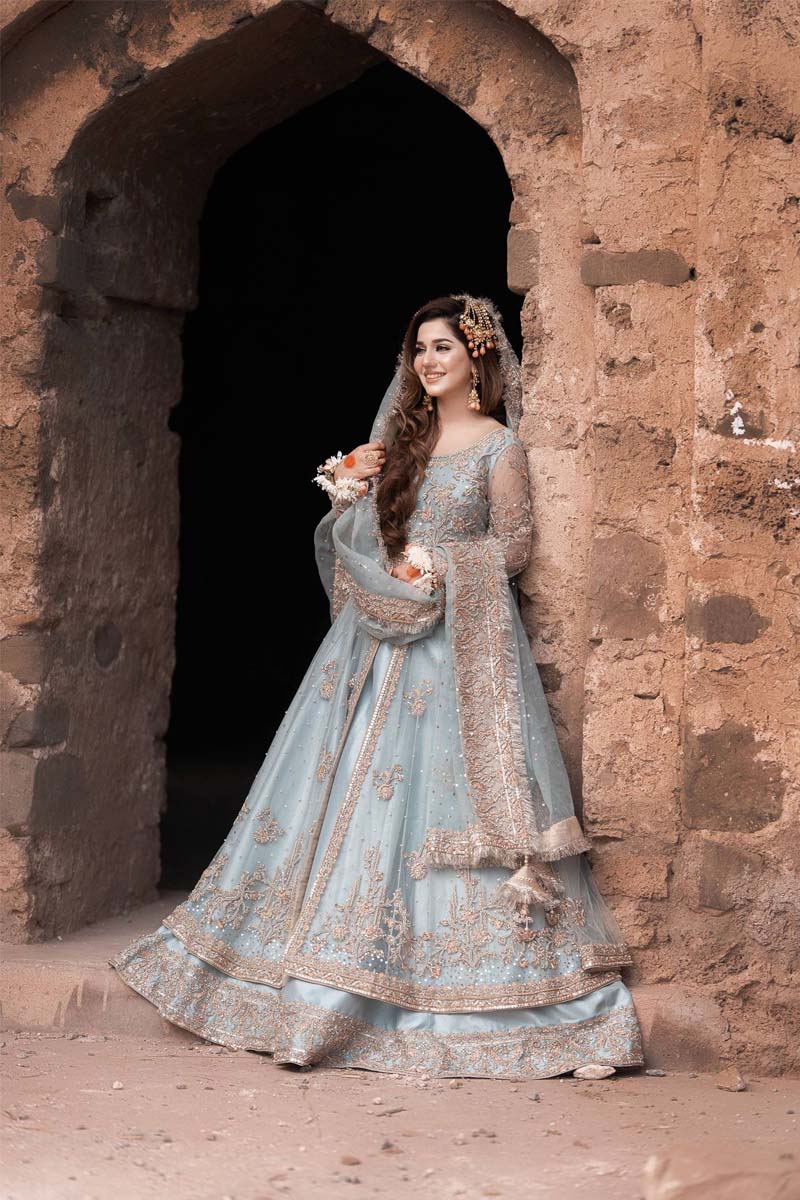 Pakistani Powder Blue Zardozi Net Pishwas Dress (3-Piece) - Image 1