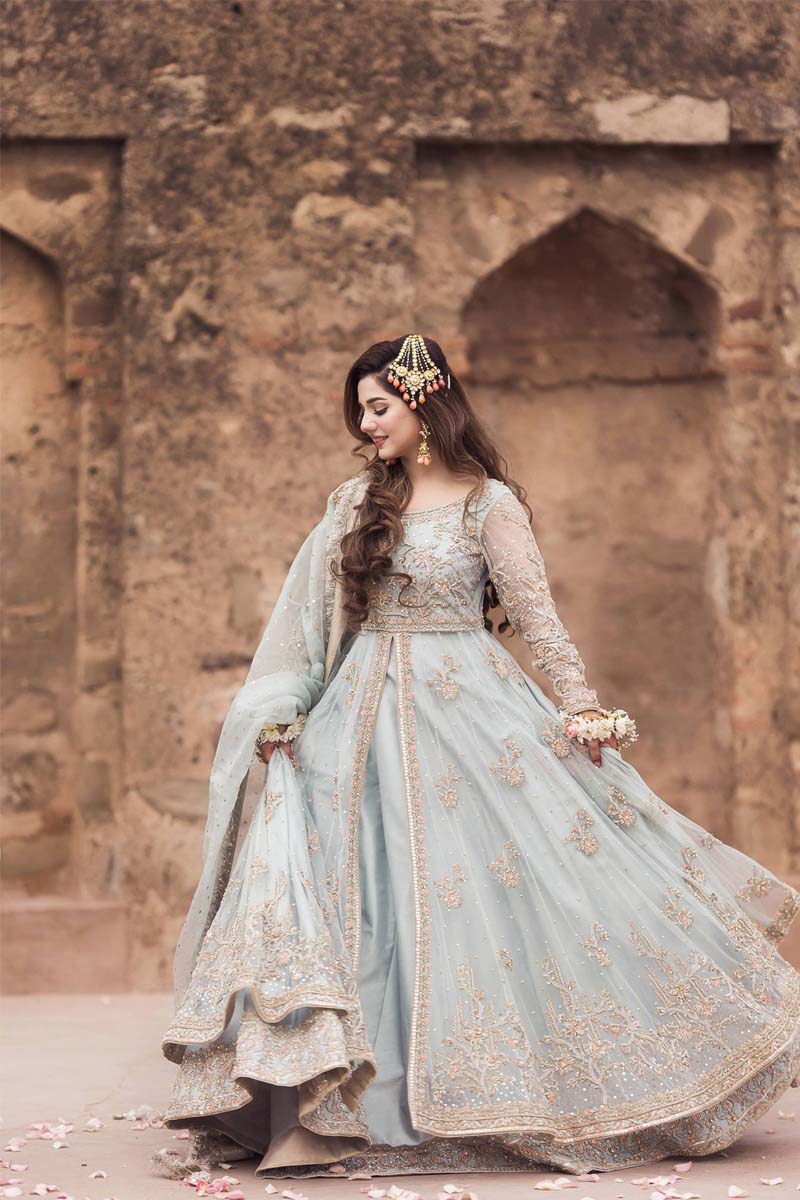 Pakistani Powder Blue Zardozi Net Pishwas Dress (3-Piece) - Image 2