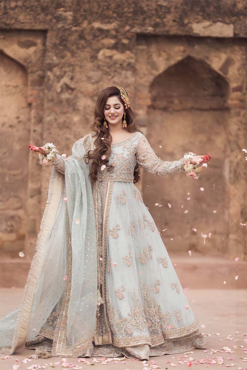 Pakistani Powder Blue Zardozi Net Pishwas Dress (3-Piece) - Image 3