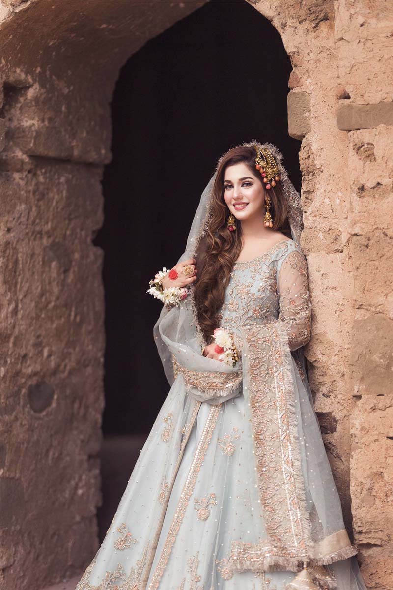 Pakistani Powder Blue Zardozi Net Pishwas Dress (3-Piece) - Image 4