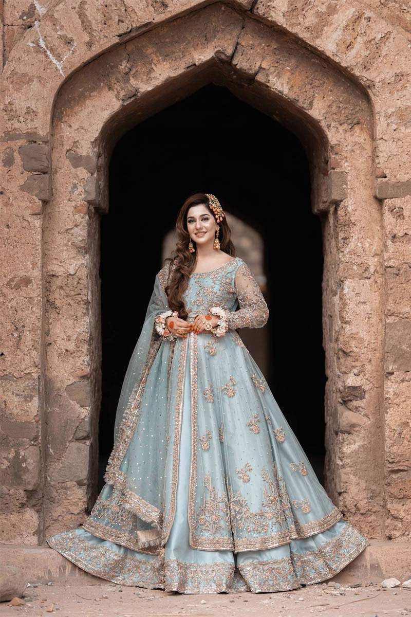 Pakistani Powder Blue Zardozi Net Pishwas Dress (3-Piece) - Image 5