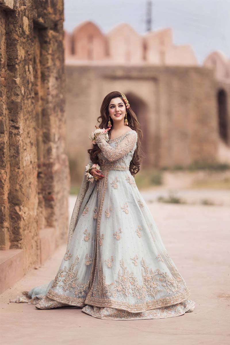 Pakistani Powder Blue Zardozi Net Pishwas Dress (3-Piece) - Image 6