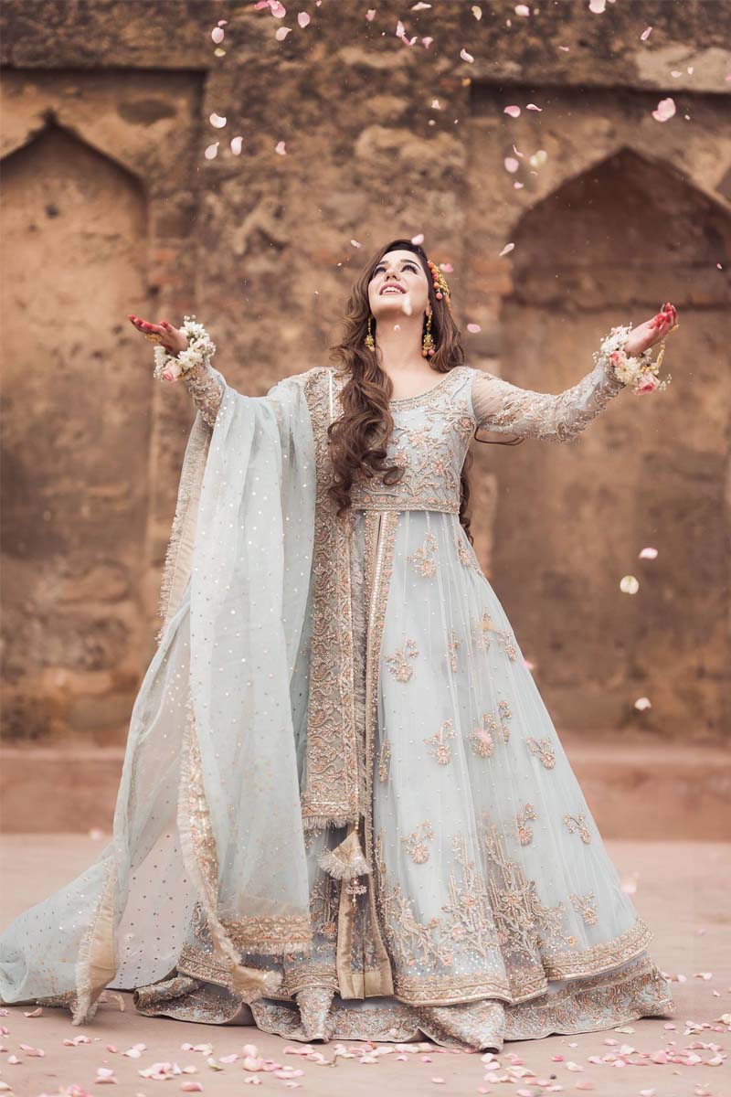 Pakistani Powder Blue Zardozi Net Pishwas Dress (3-Piece) - Image 7