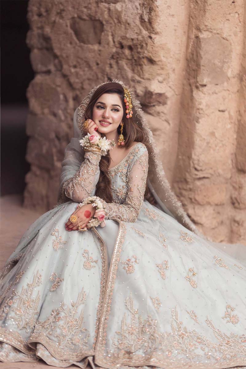 Pakistani Powder Blue Zardozi Net Pishwas Dress (3-Piece) - Image 8