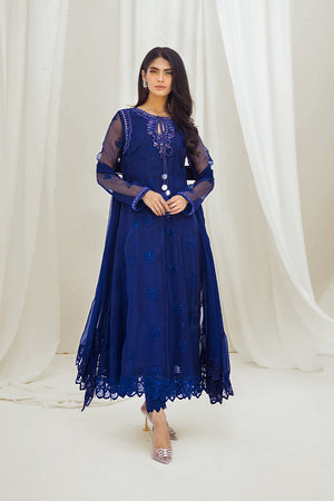 Royal Blue Embroidered Organza Pishwas (3-Piece) - Image 1