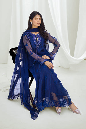 Royal Blue Embroidered Organza Pishwas (3-Piece) - Image 6