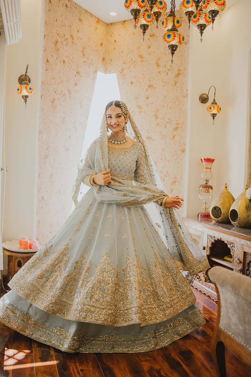 Pakistani Ice Blue Gold Tilla Organza Pishwas (2-Piece) - Image 4