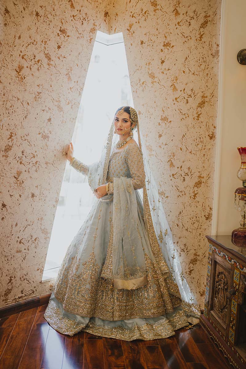 Pakistani Ice Blue Gold Tilla Organza Pishwas (2-Piece) - Image 5