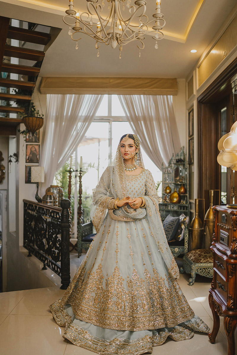 Pakistani Ice Blue Gold Tilla Organza Pishwas (2-Piece) - Image 6