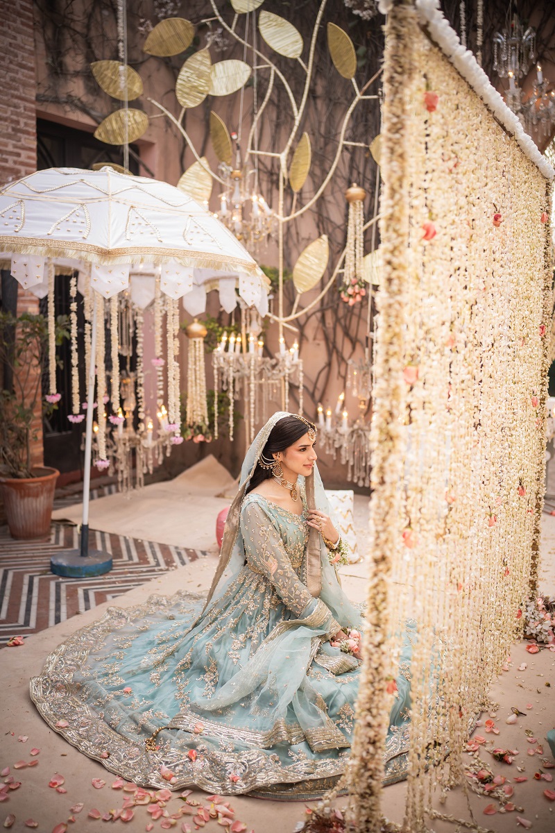 Ice Blue Embroidered Organza Pishwas Dress (3-Piece) - Image 2