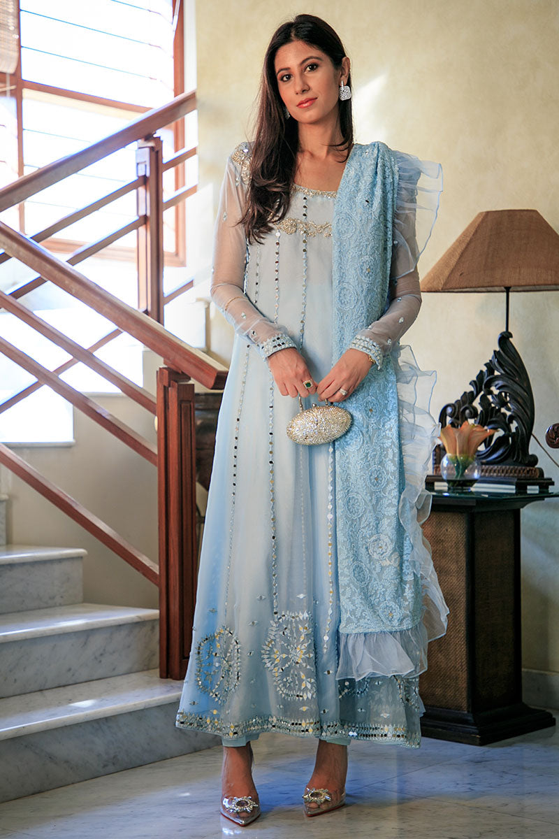 Pakistani Powder Blue Mirror Work Organza Pishwas (3-Piece) - Image 1