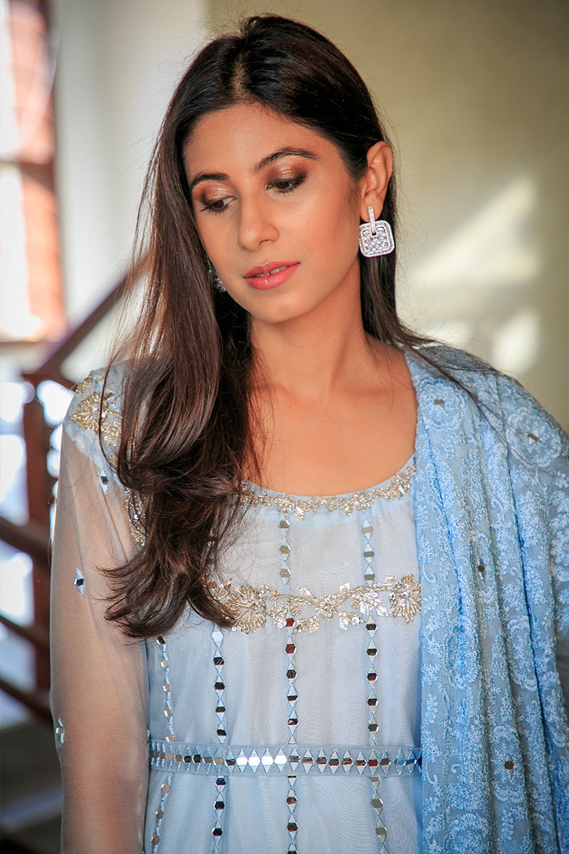 Pakistani Powder Blue Mirror Work Organza Pishwas (3-Piece) - Image 2