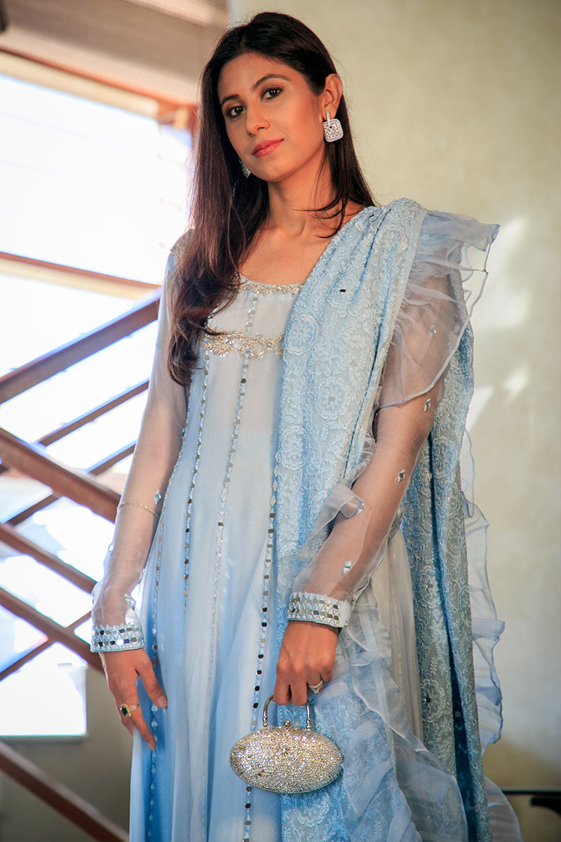 Pakistani Powder Blue Mirror Work Organza Pishwas (3-Piece) - Image 3