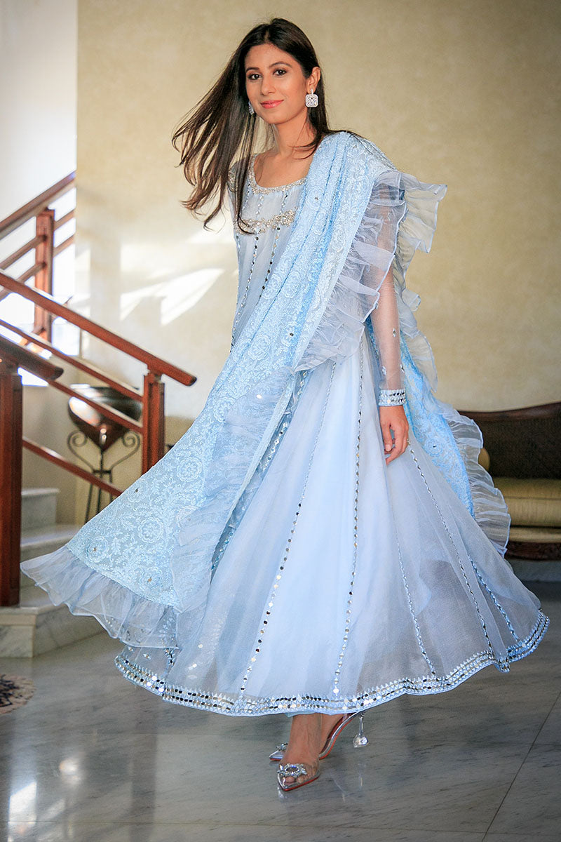 Pakistani Powder Blue Mirror Work Organza Pishwas (3-Piece) - Image 4
