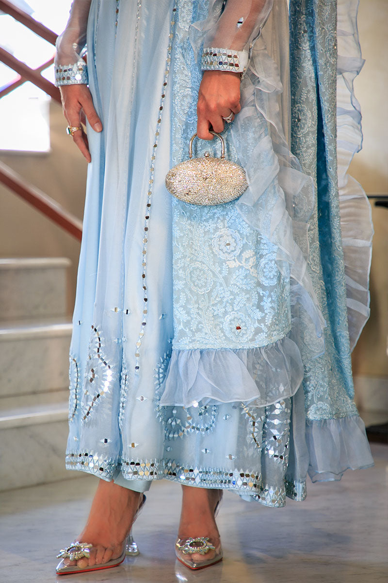 Pakistani Powder Blue Mirror Work Organza Pishwas (3-Piece) - Image 5