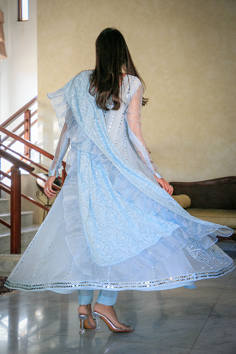 Pakistani Powder Blue Mirror Work Organza Pishwas (3-Piece) - Image 6