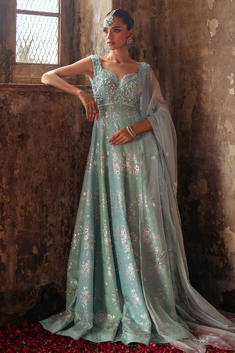 Aqua Blue & Mint Green Embellished Organza Pishwas (3-Piece) - Image 2