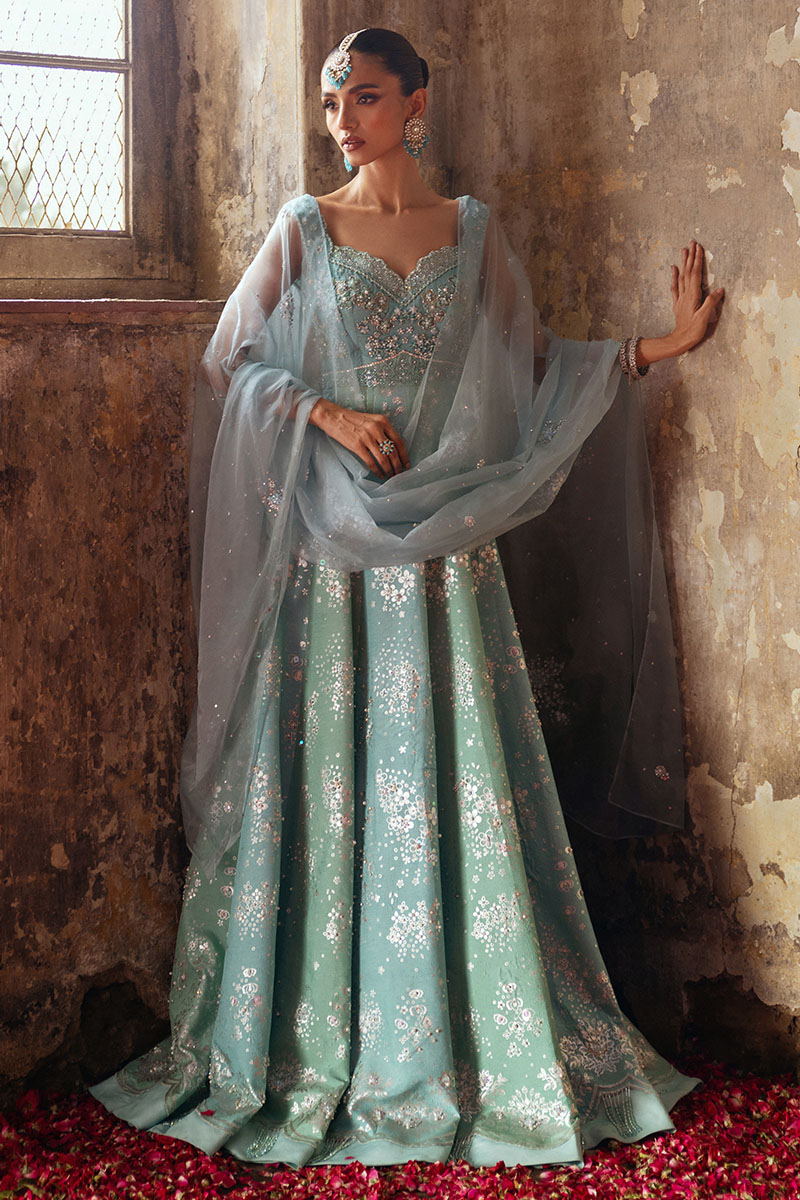 Aqua Blue & Mint Green Embellished Organza Pishwas (3-Piece) - Image 3