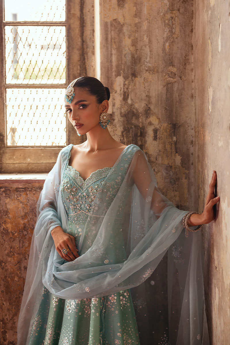 Aqua Blue & Mint Green Embellished Organza Pishwas (3-Piece) - Image 4