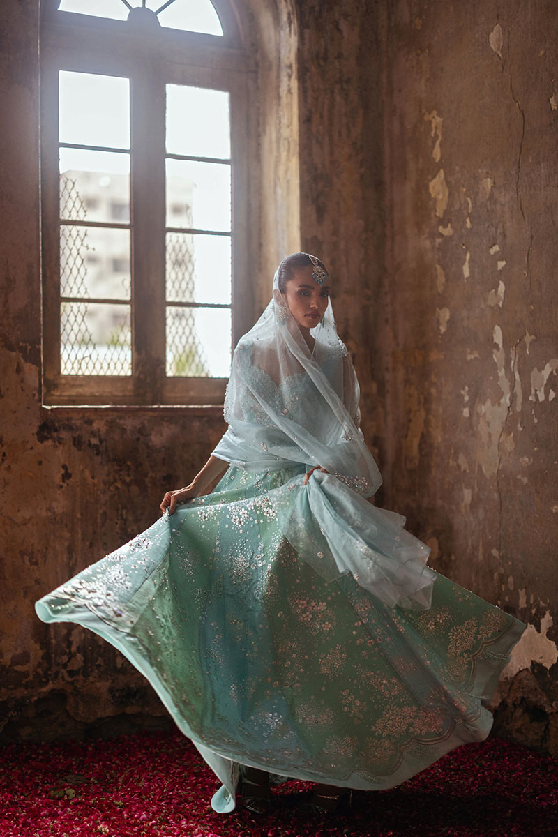 Aqua Blue & Mint Green Embellished Organza Pishwas (3-Piece) - Image 5