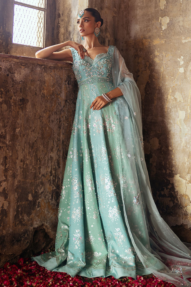 Aqua Blue & Mint Green Embellished Organza Pishwas (3-Piece) - Image 6