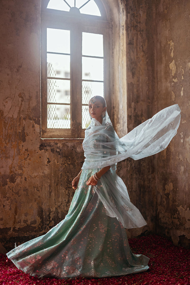 Aqua Blue & Mint Green Embellished Organza Pishwas (3-Piece) - Image 7