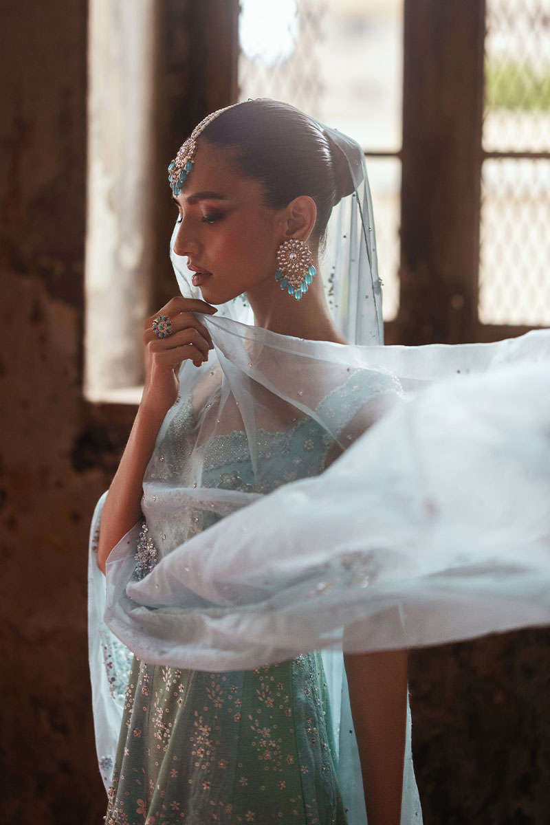 Aqua Blue & Mint Green Embellished Organza Pishwas (3-Piece) - Image 8