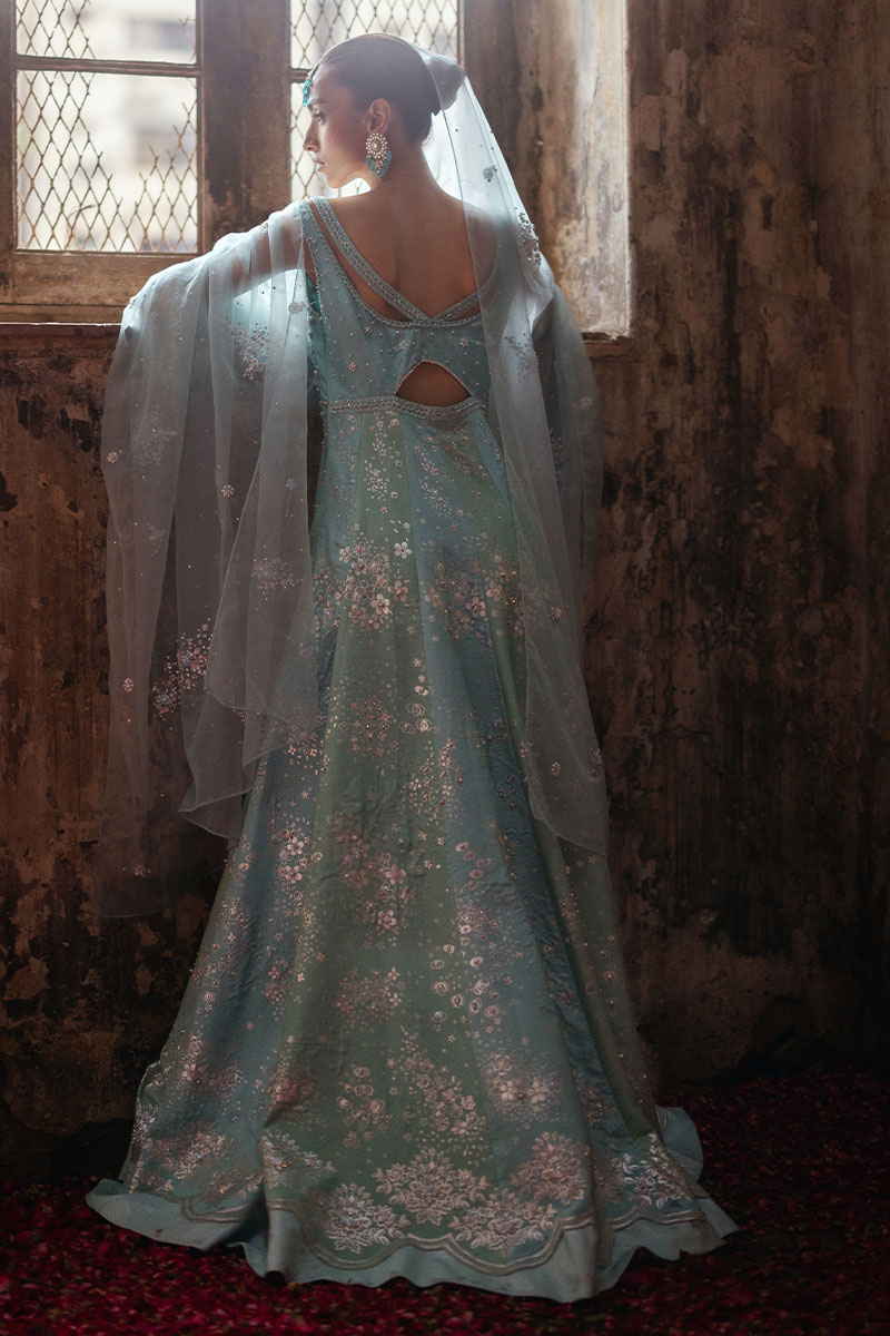 Aqua Blue & Mint Green Embellished Organza Pishwas (3-Piece) - Image 9