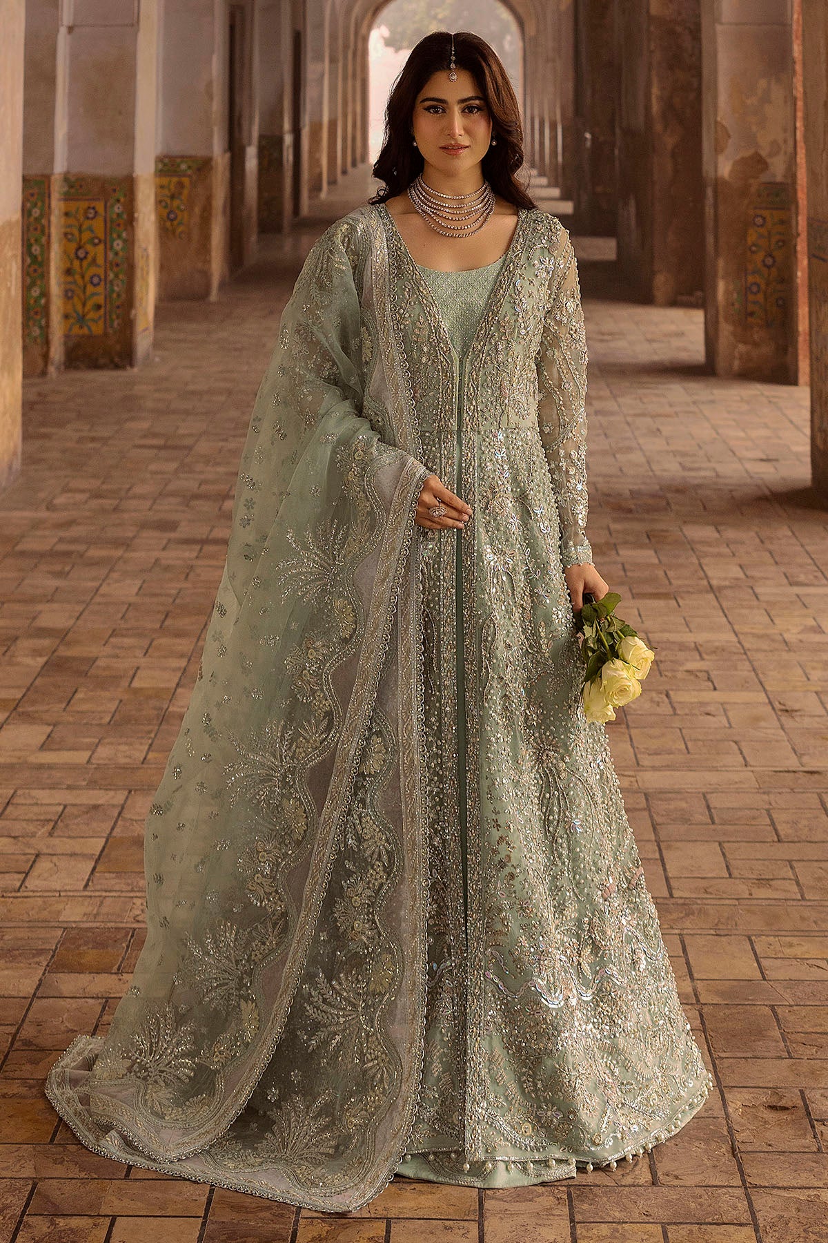 Pakistani Ice Blue Embellished Organza Silk Pishwas (3-Piece) - Image 1