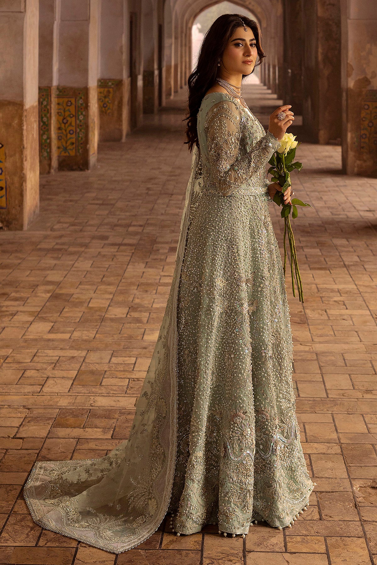 Pakistani Ice Blue Embellished Organza Silk Pishwas (3-Piece) - Image 3