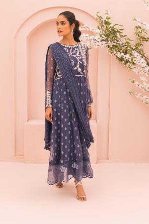 Graphite Blue Embroidered Organza Pishwas (2-Piece) - Image 2