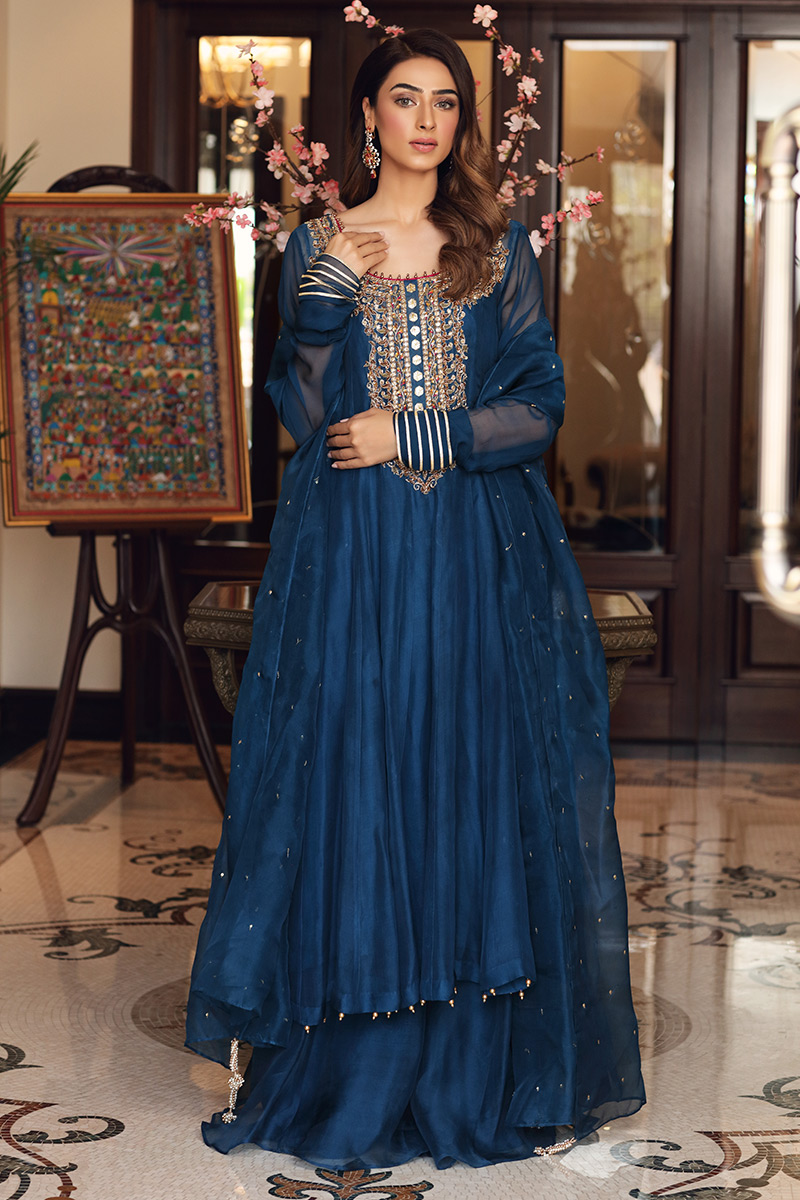 Pakistani Midnight Blue Embroidered Organza Pishwas (3-Piece) - Image 1