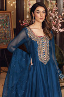 Pakistani Midnight Blue Embroidered Organza Pishwas (3-Piece) - Image 5