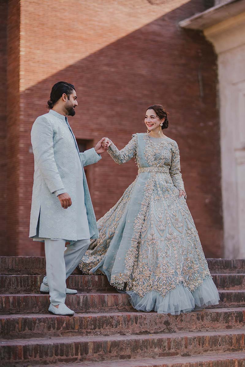 Ice-Blue Embellished Organza Pishwas Dress (3-Piece) - Image 8