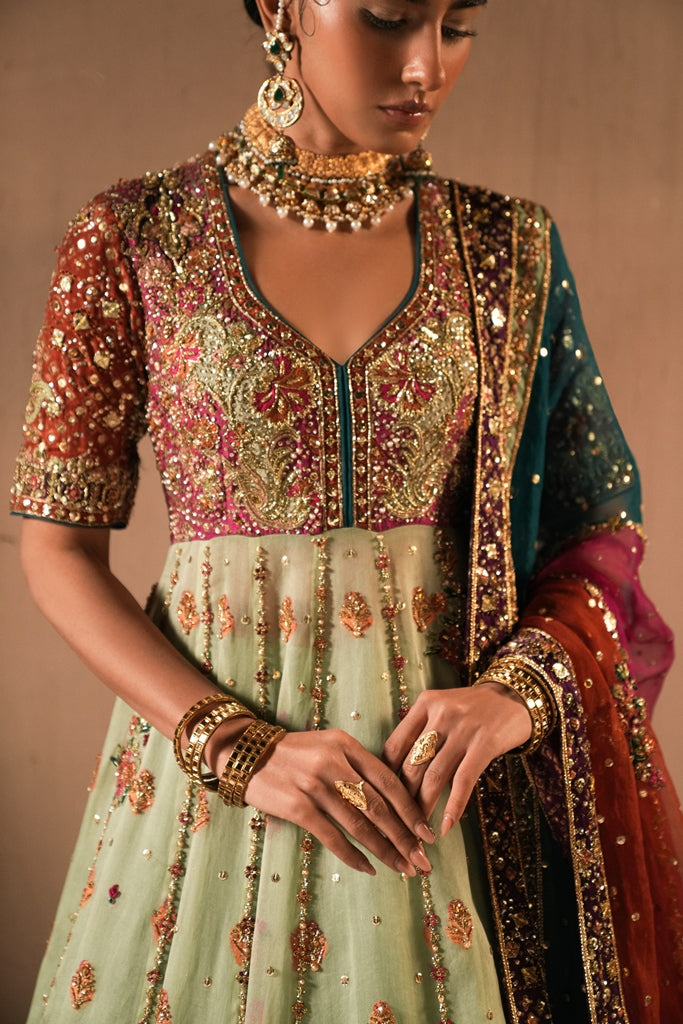 Pakistani Mint Blue Hand-Embellished Net Pishwas (2-Piece) - Image 1