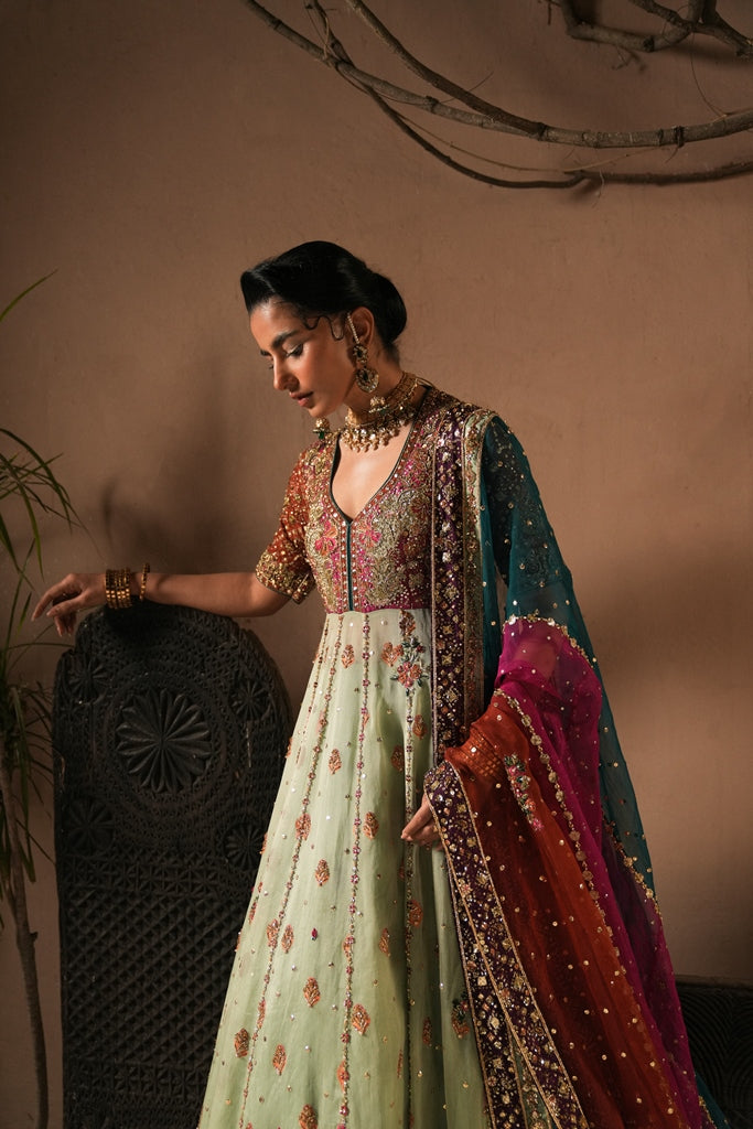 Pakistani Mint Blue Hand-Embellished Net Pishwas (2-Piece) - Image 2