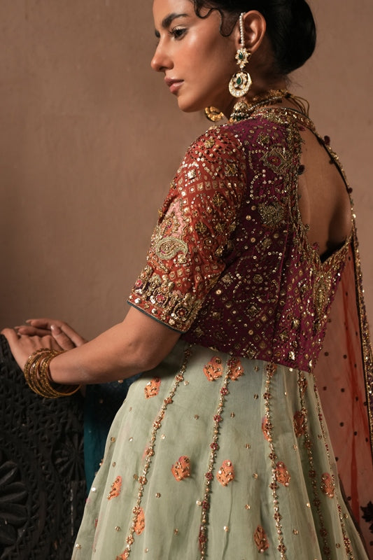 Pakistani Mint Blue Hand-Embellished Net Pishwas (2-Piece) - Image 4