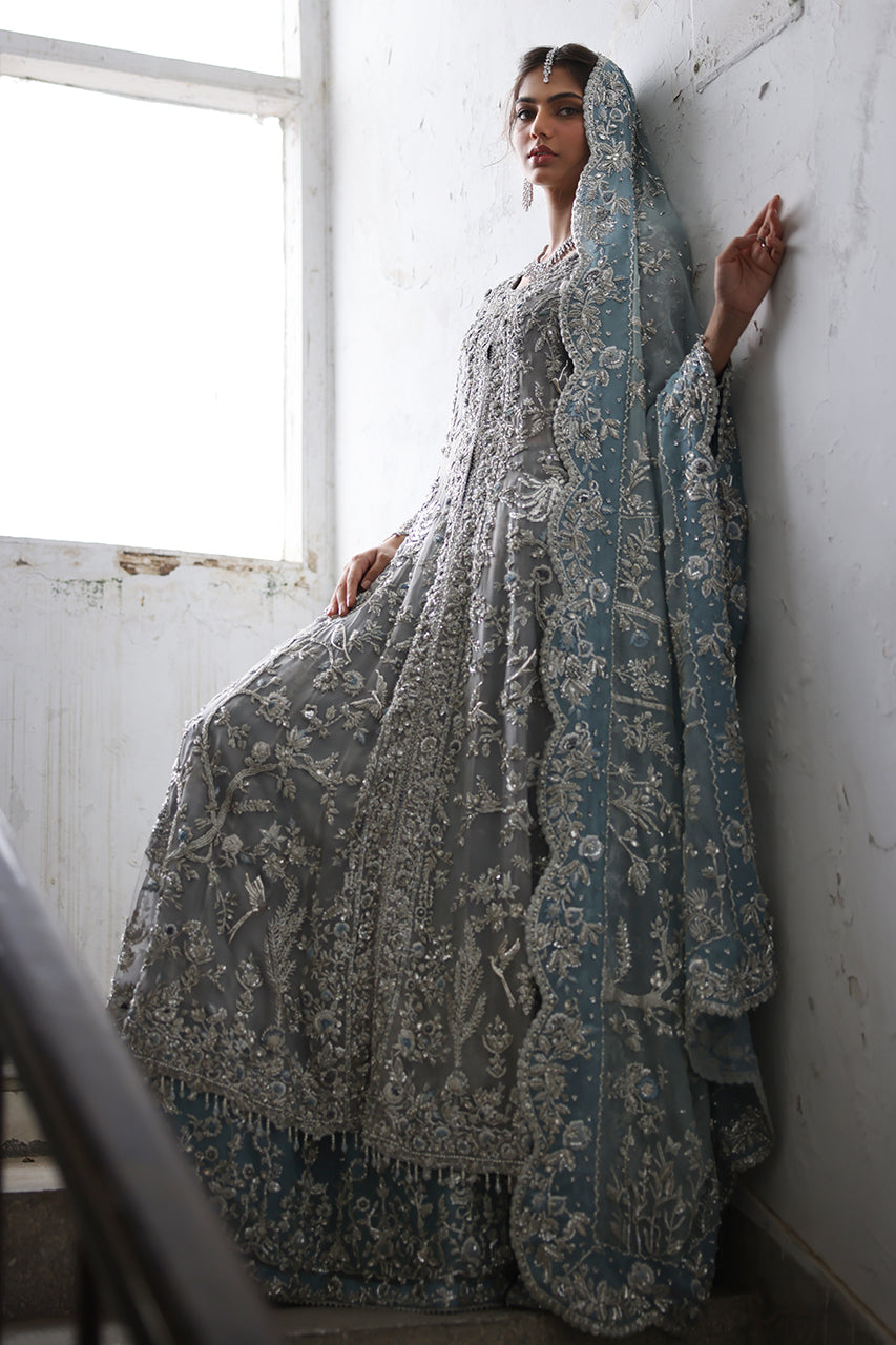 Pakistani Soft Blue Zardozi Organza Pishwas Dress (3-Piece) - Image 2