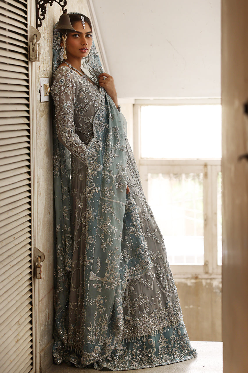 Pakistani Soft Blue Zardozi Organza Pishwas Dress (3-Piece) - Image 3