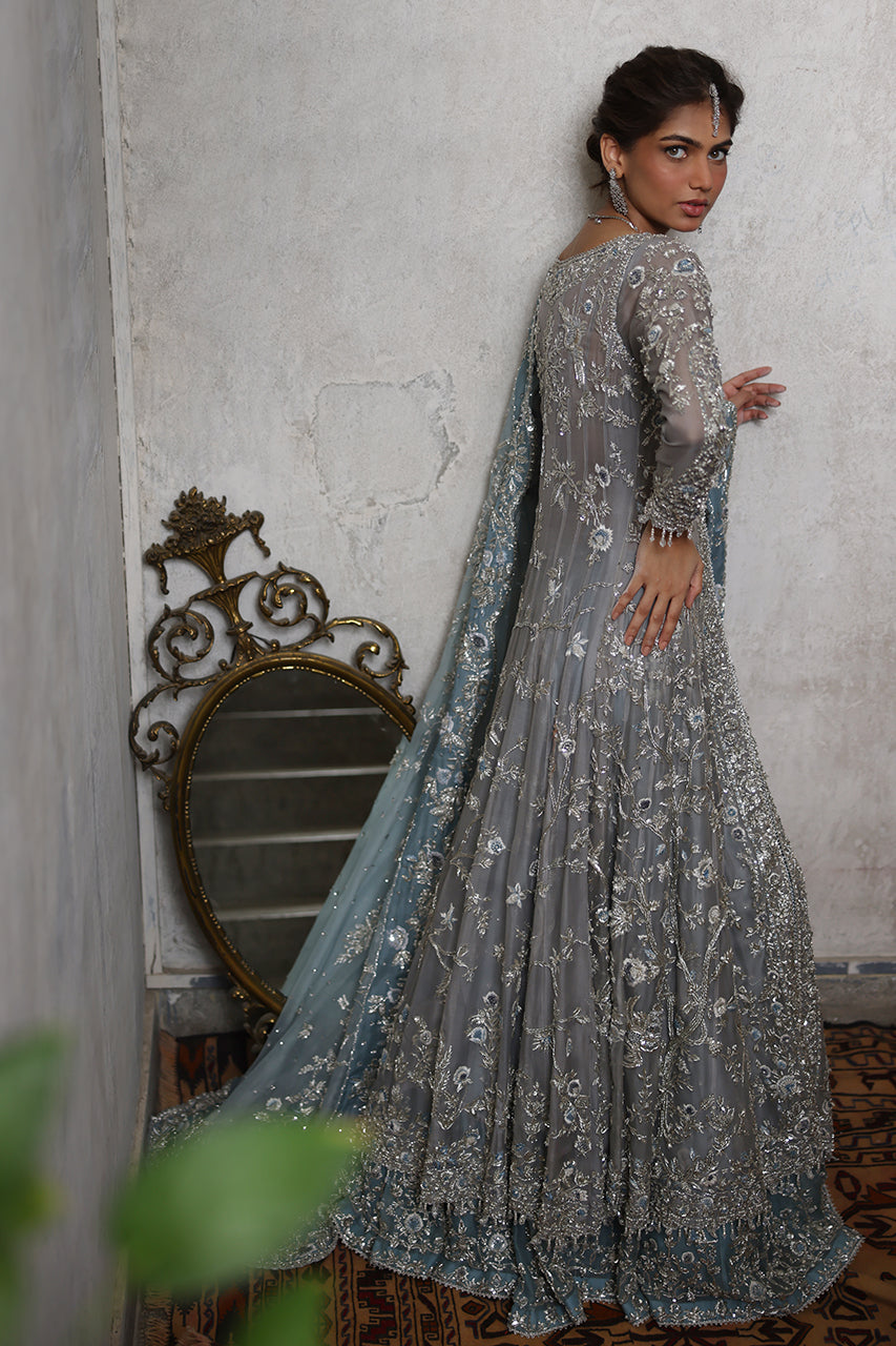 Pakistani Soft Blue Zardozi Organza Pishwas Dress (3-Piece) - Image 9