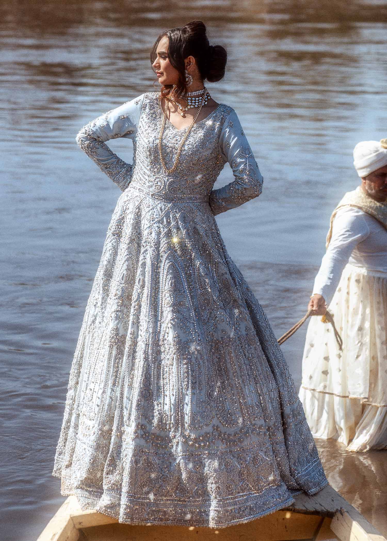 Pakistani Ice Blue Embellished Raw Silk Pishwas (2-Piece) - Image 1