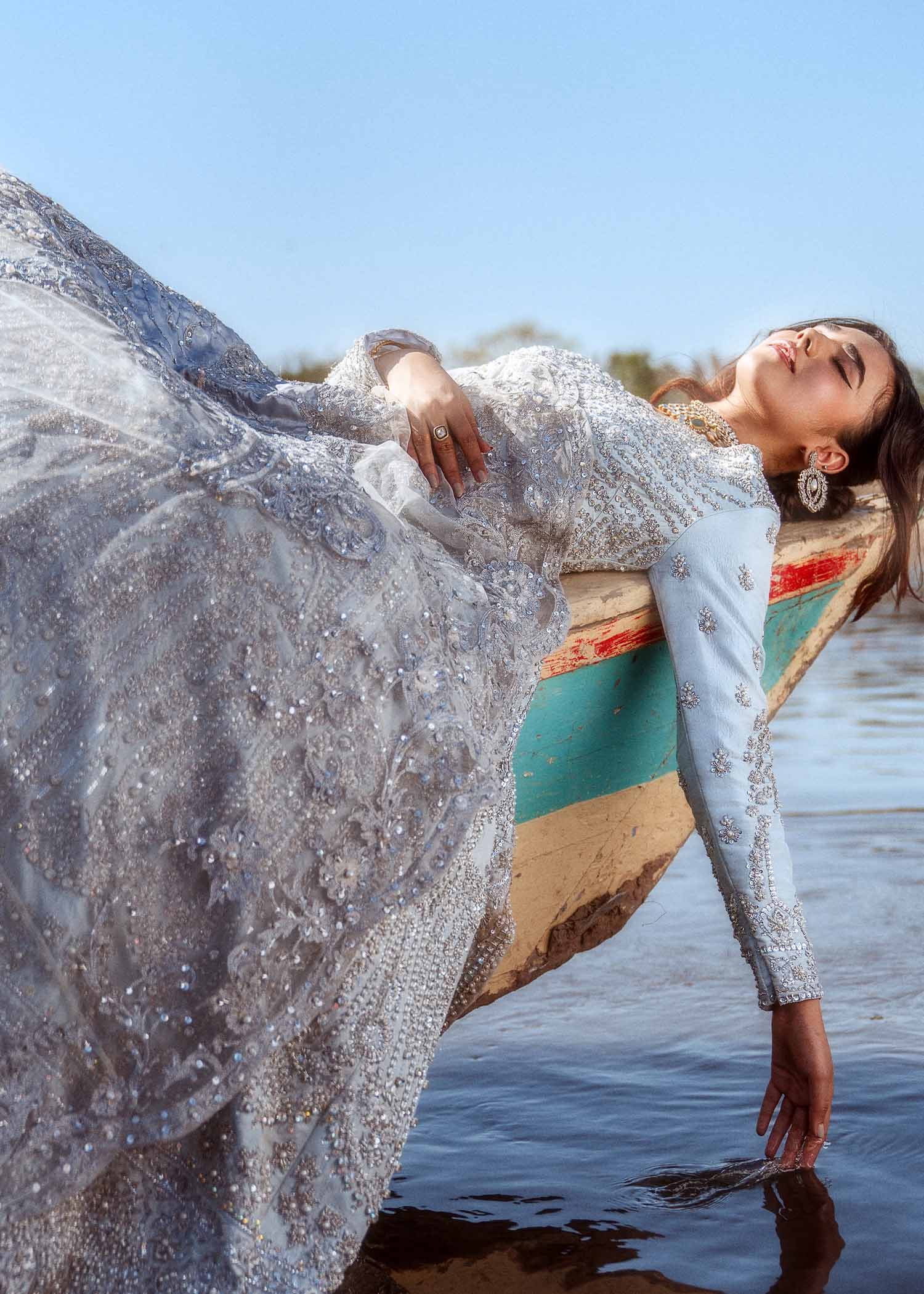 Pakistani Ice Blue Embellished Raw Silk Pishwas (2-Piece) - Image 4