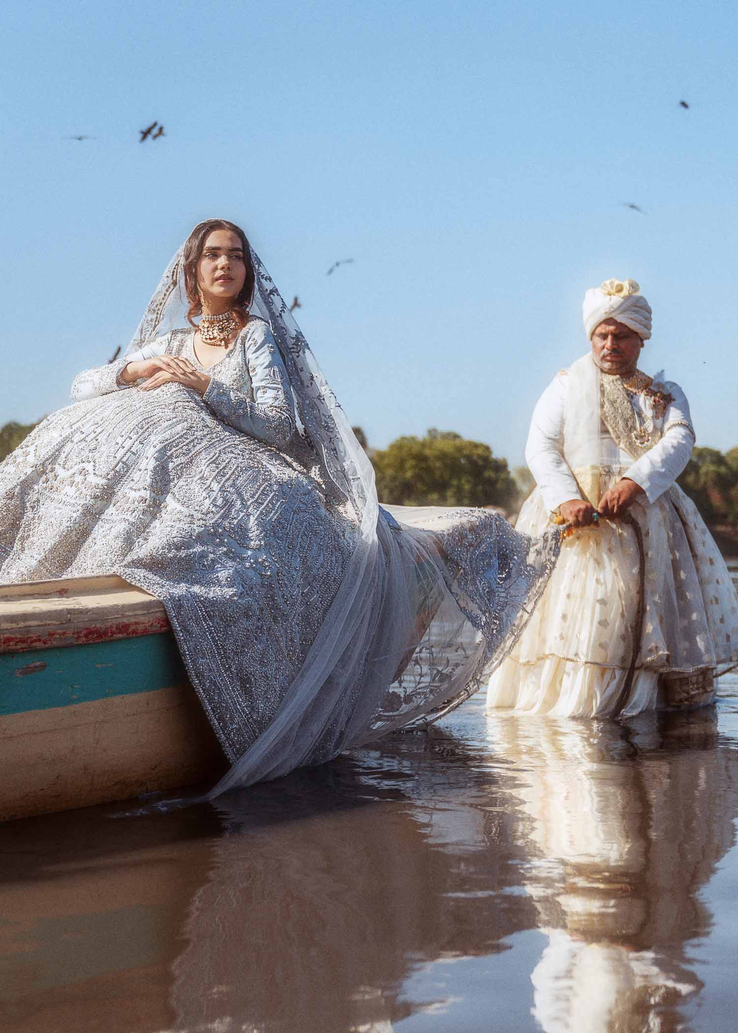 Pakistani Ice Blue Embellished Raw Silk Pishwas (2-Piece) - Image 5