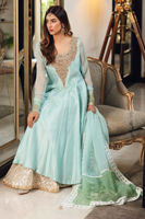 Pakistani Light Blue Embroidered Raw Silk Pishwas (3-Piece) - Image 5