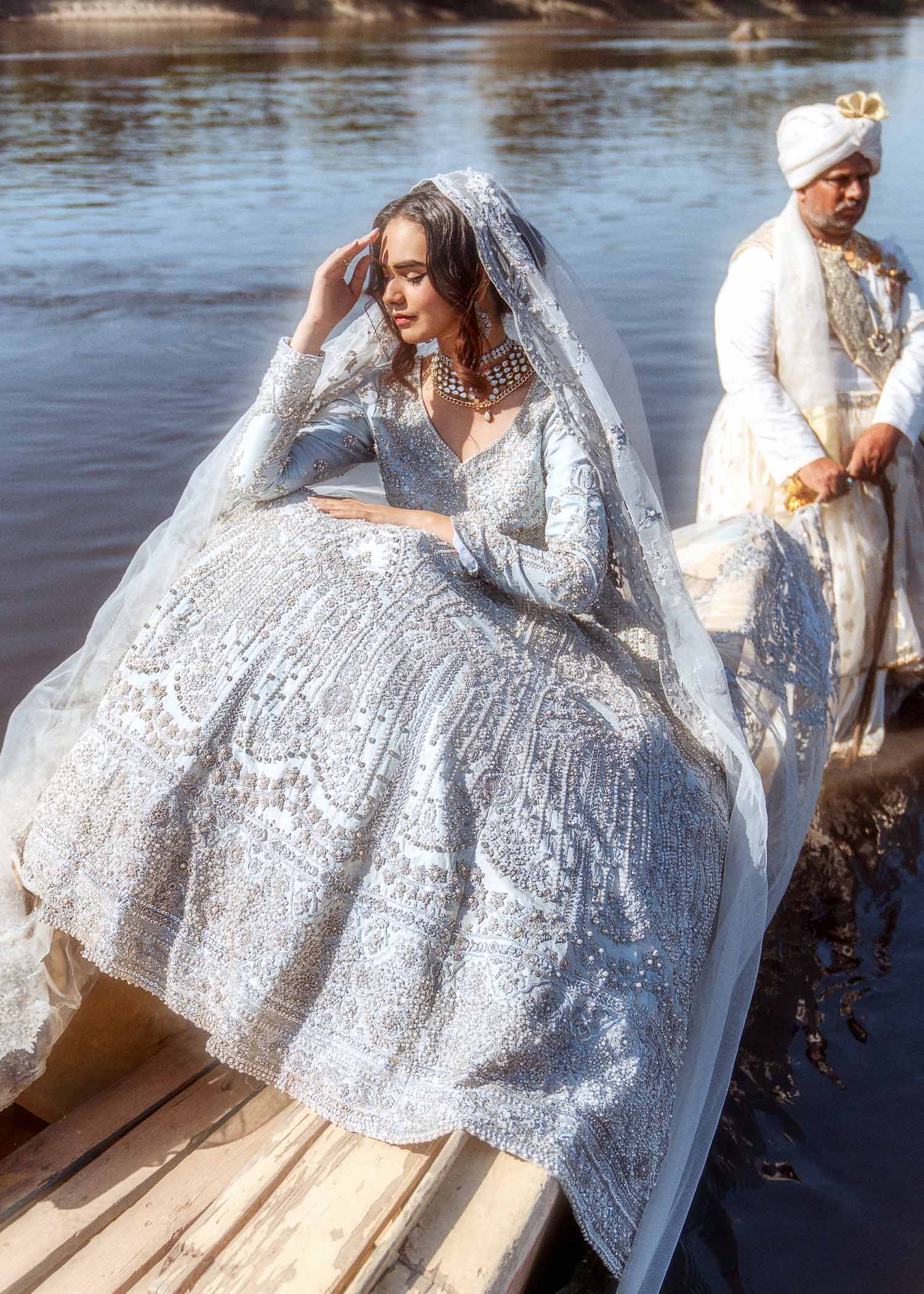 Pakistani Ice Blue Embellished Raw Silk Pishwas (2-Piece) - Image 2