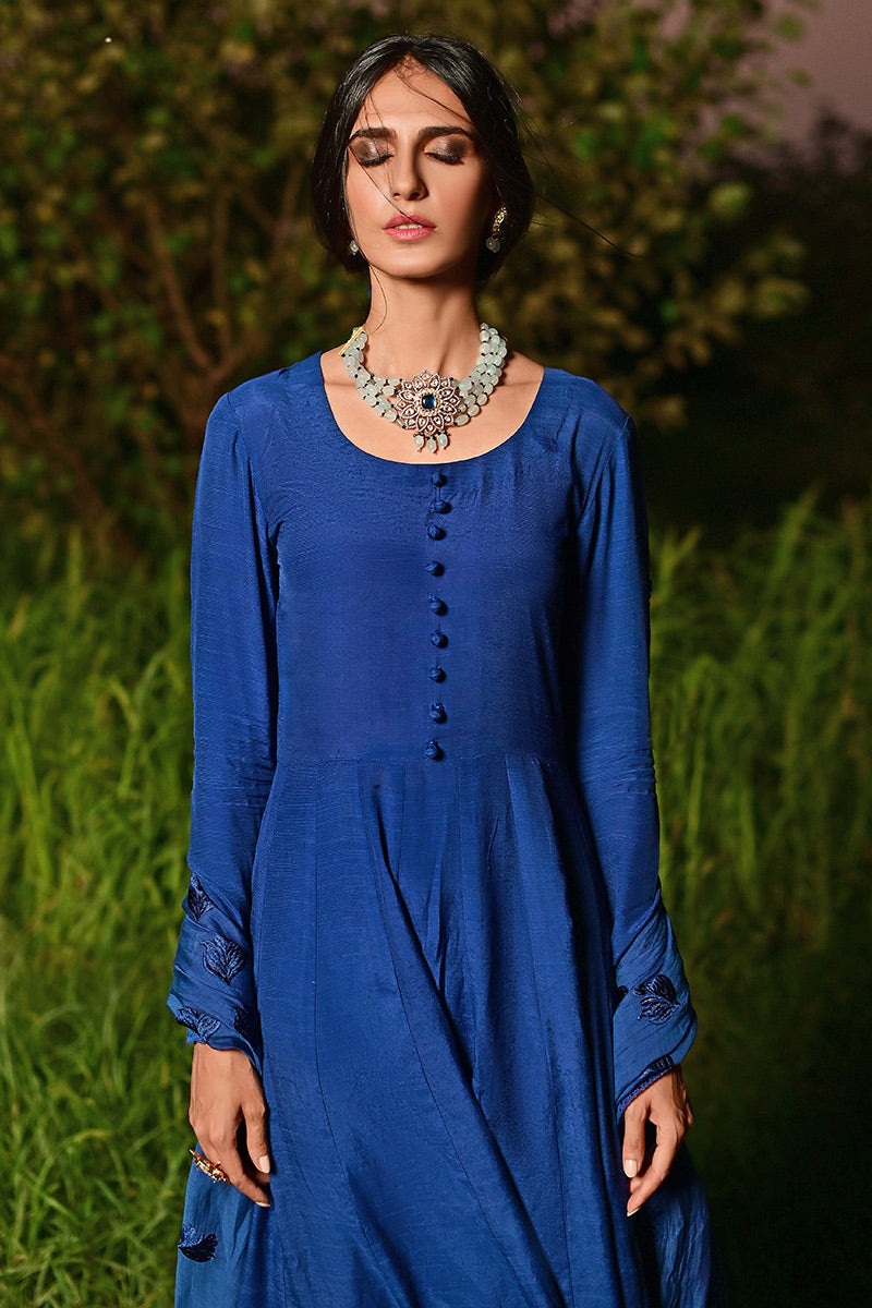 Electric Blue Embroidered Raw Silk Pishwas (3-Piece) - Image 2